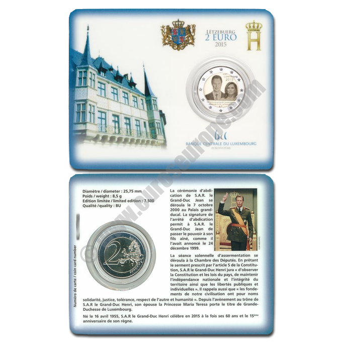 Luxembourg 2015 Coin card 15th Anniversary of Grand Duke Henri Accession to the Throne