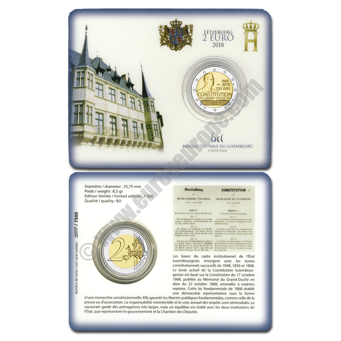 Luxembourg 2018 Coin card 150th anniversary of the Luxembourg Constitution.