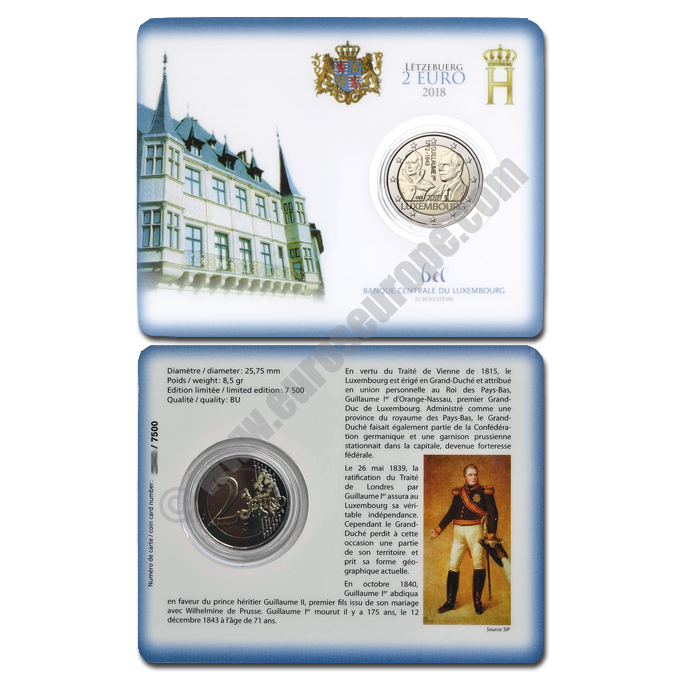 Luxembourg 2018 Coin card 175 years since the death of Grand Duke William I