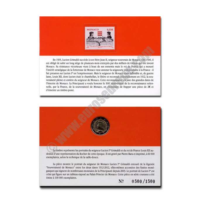 Monaco 2012 Coin card The 500th anniversary of the foundation of Monaco's Sovereignty, by founder Lucien 1er Grimaldi