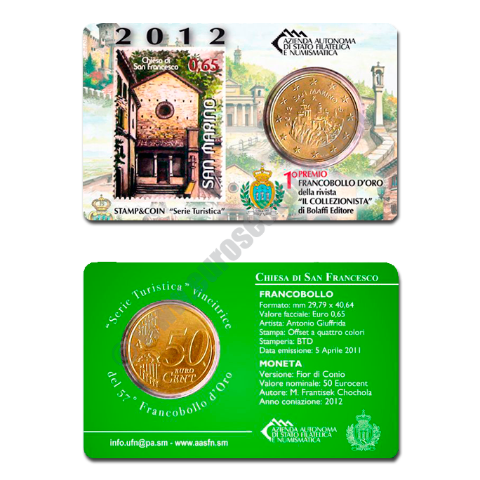 San Marino 2012 Coin and stamp Chiesa di San Francesco