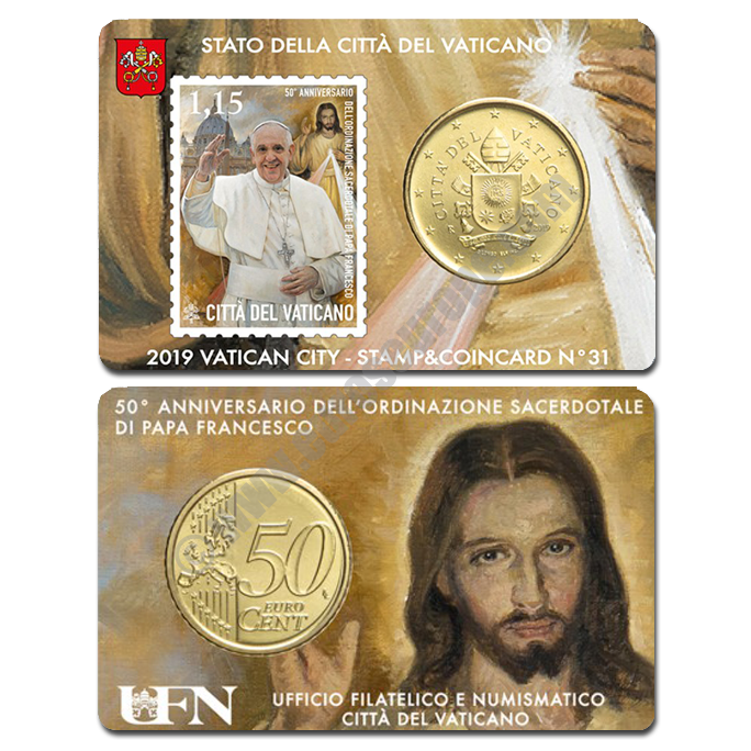 Vatican 2019 Coin and stamp N. 31 - 50th anniversary priestly ordination of Pope Francis
